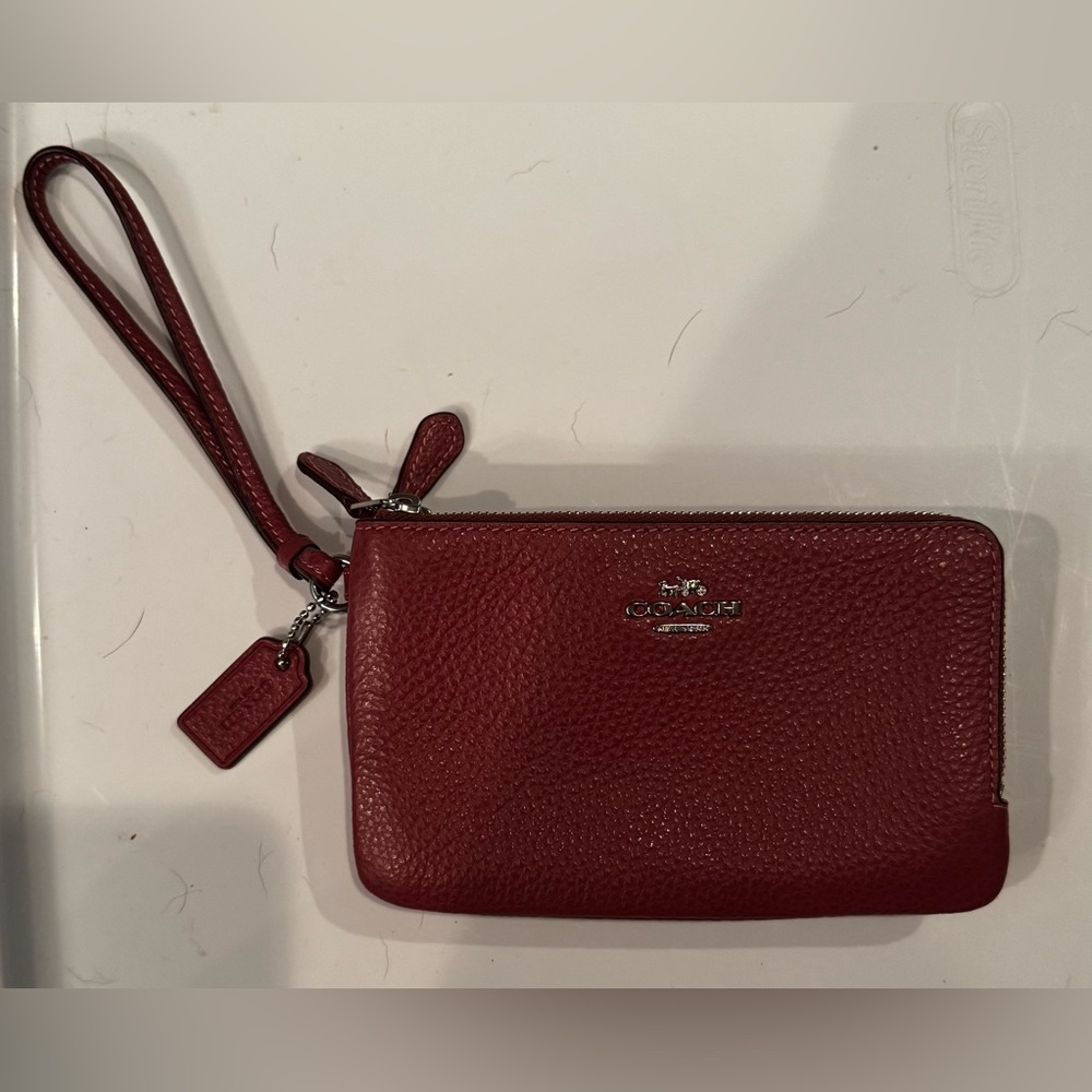 Coach Light Raspberry Pebbled Leather Wristlet with Double 3/4 Zipper with Cards